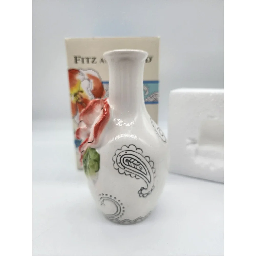 Fitz and Floyd Paisley Park Bud Vase 3D Pink Rose White Ceramic Floral 6 inch